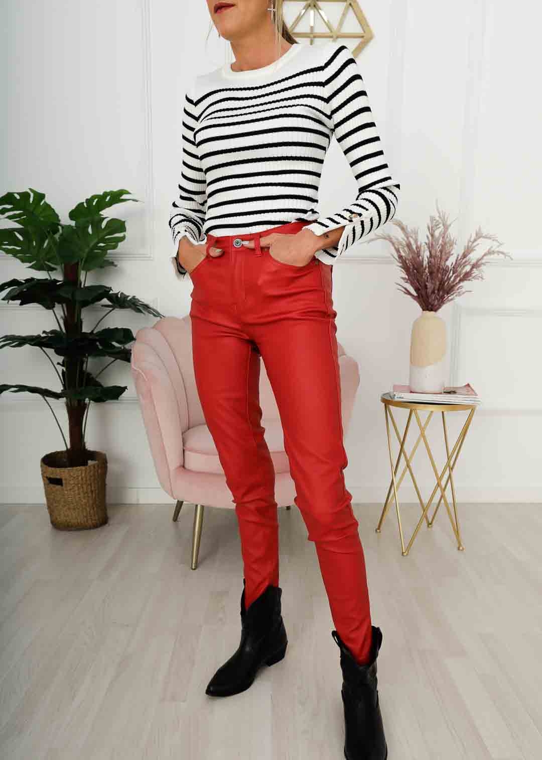 RED WAXED SKINNY PANTS