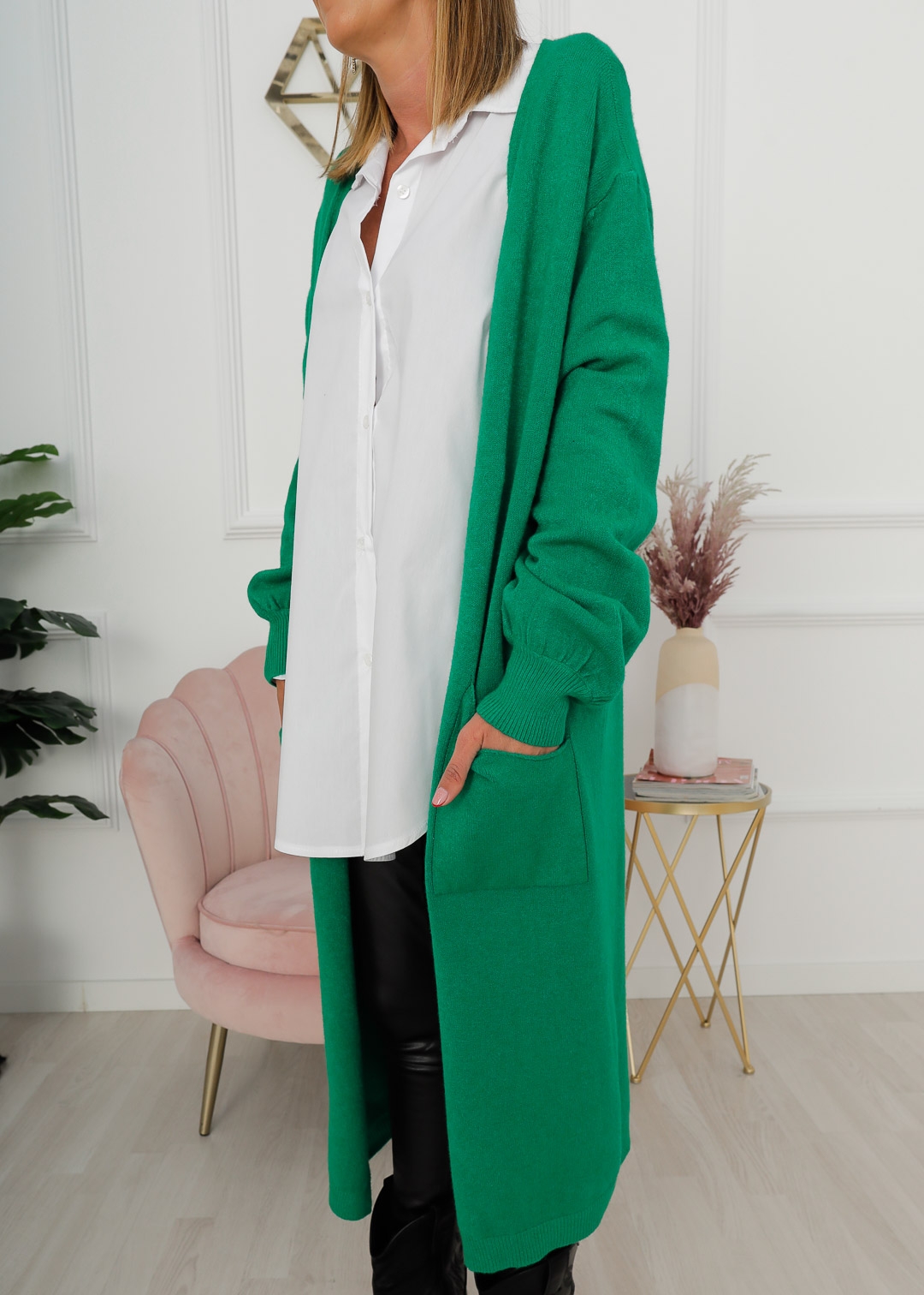 GREEN LONG CARDIGAN WITH POCKETS