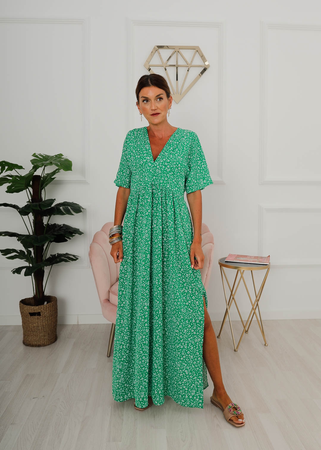 Green Floral Dress - V-Neck Dresses