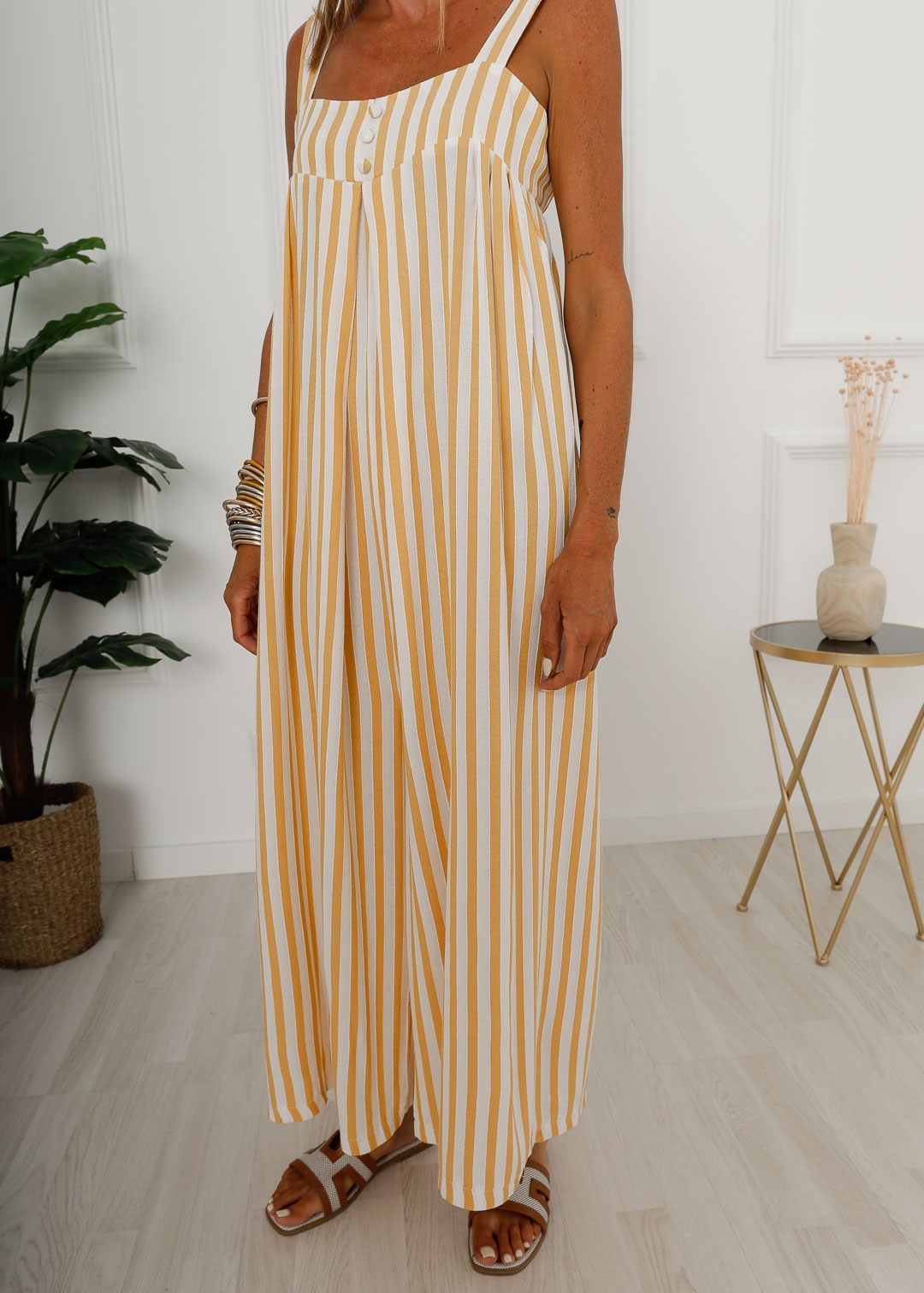 YELLOW PRINTED JUMPSUIT CHEST BUTTONS