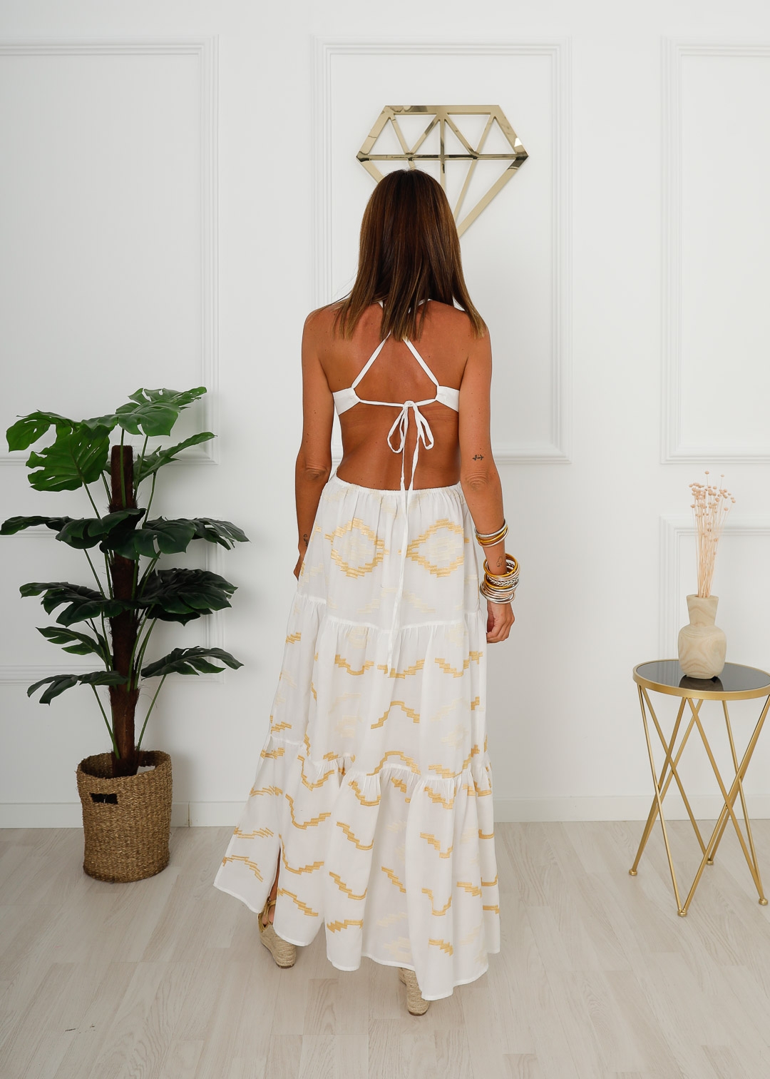 WHITE OPEN BACK EMBROIDERED DRESS