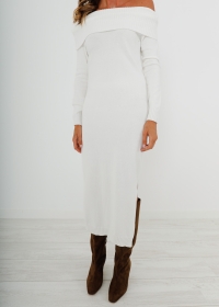 WHITE LONG DRESS WITH BARDOT NECKLINE