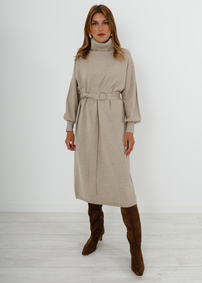 TAUPE KNITTED DRESS WITH BELT