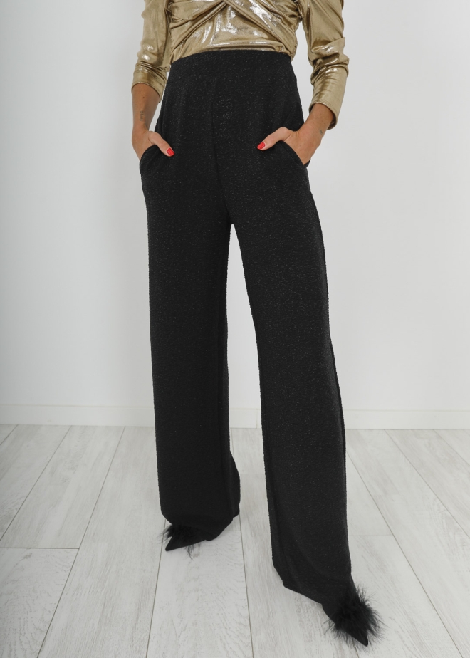 BLACK ELASTIC TROUSERS EMBOSSED WITH GLITTER