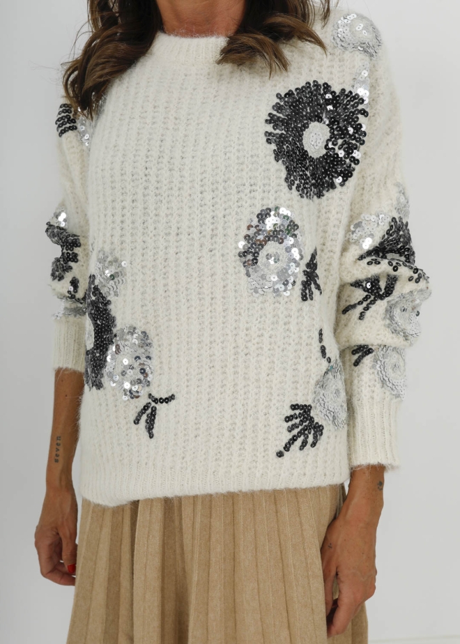 OFF-WHITE SWEATER WITH SEQUINS FLOWERS