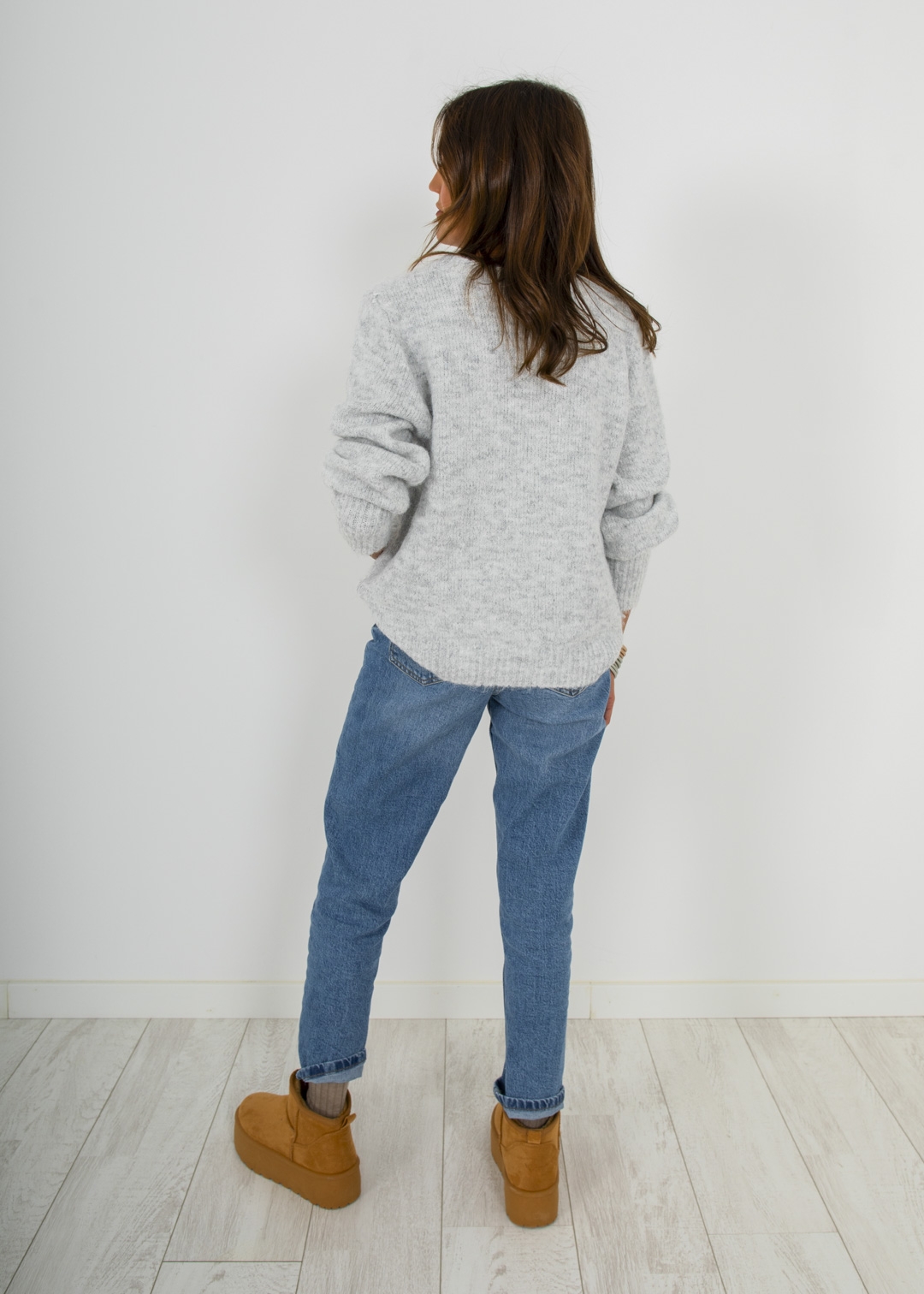 GREY BUTTON SLEEVE SWEATER