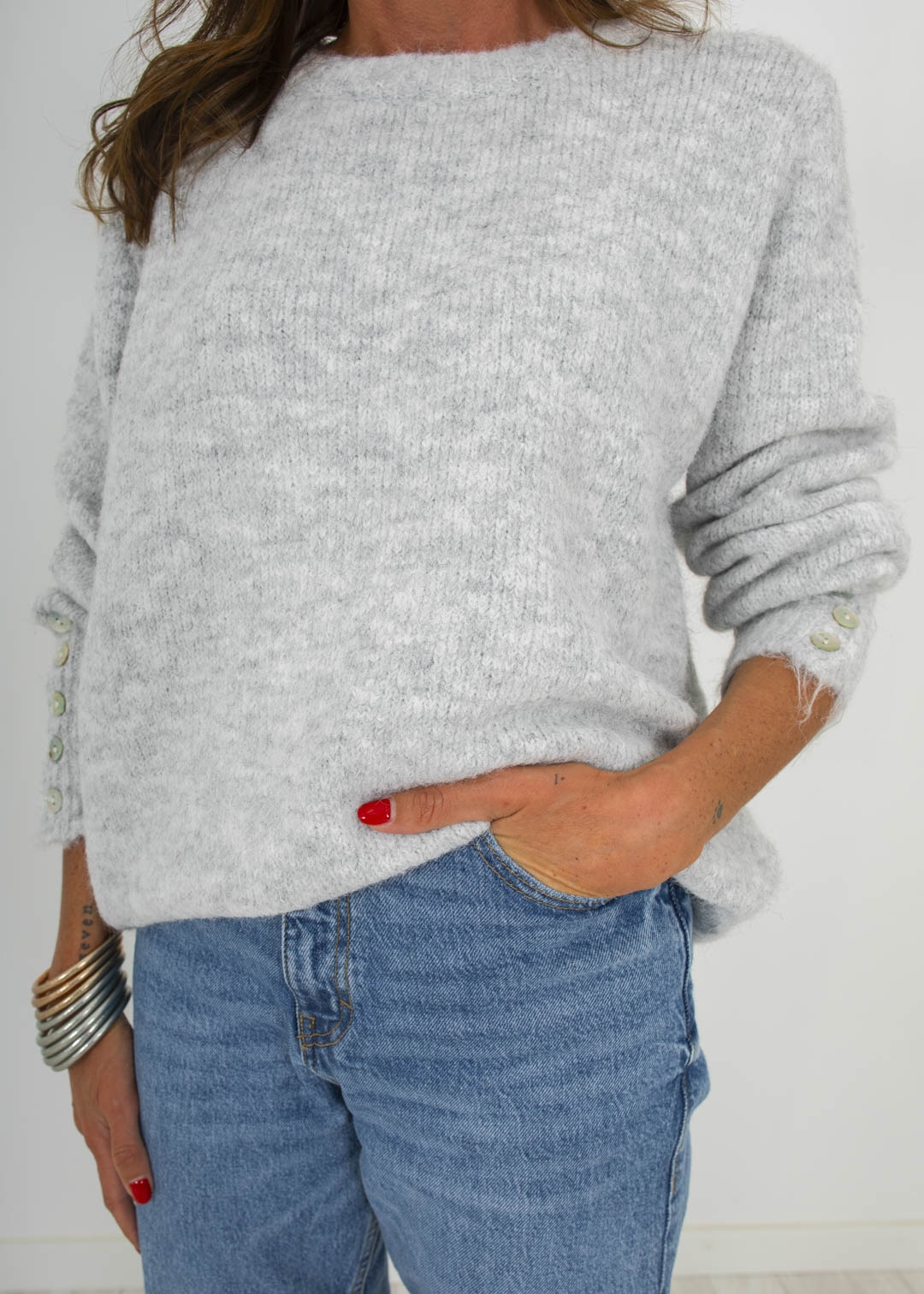 GREY BUTTON SLEEVE SWEATER