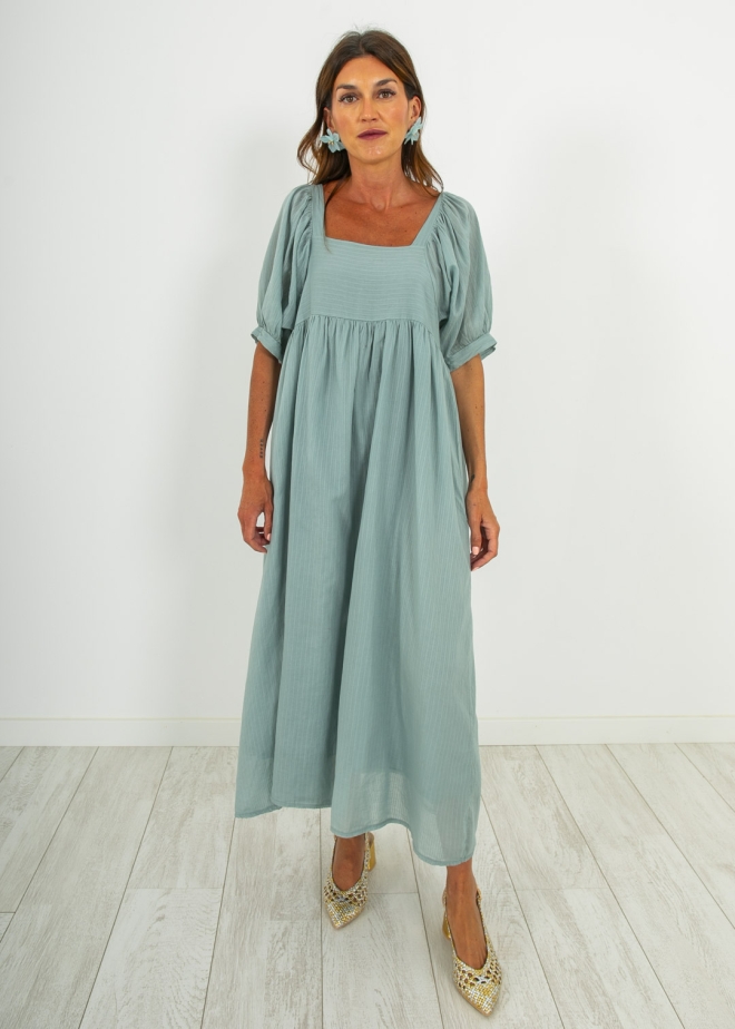 LONG DRESS WITH SHORT PUFFED SLEEVES IN AQUA GREEN