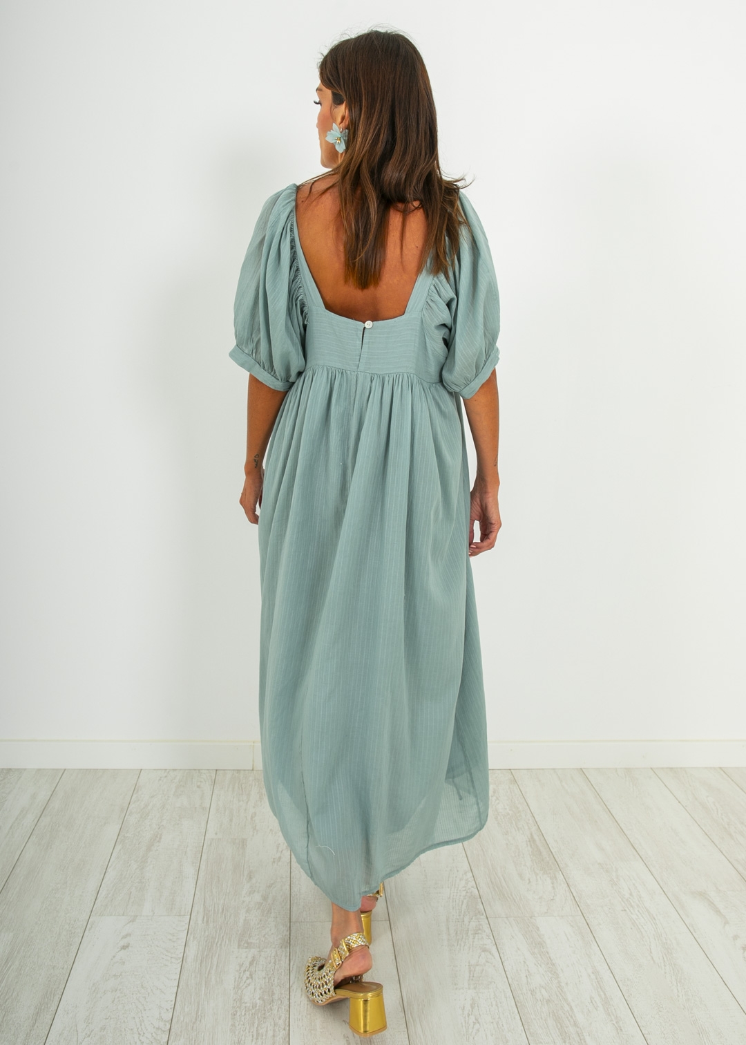LONG DRESS WITH SHORT PUFFED SLEEVES IN AQUA GREEN