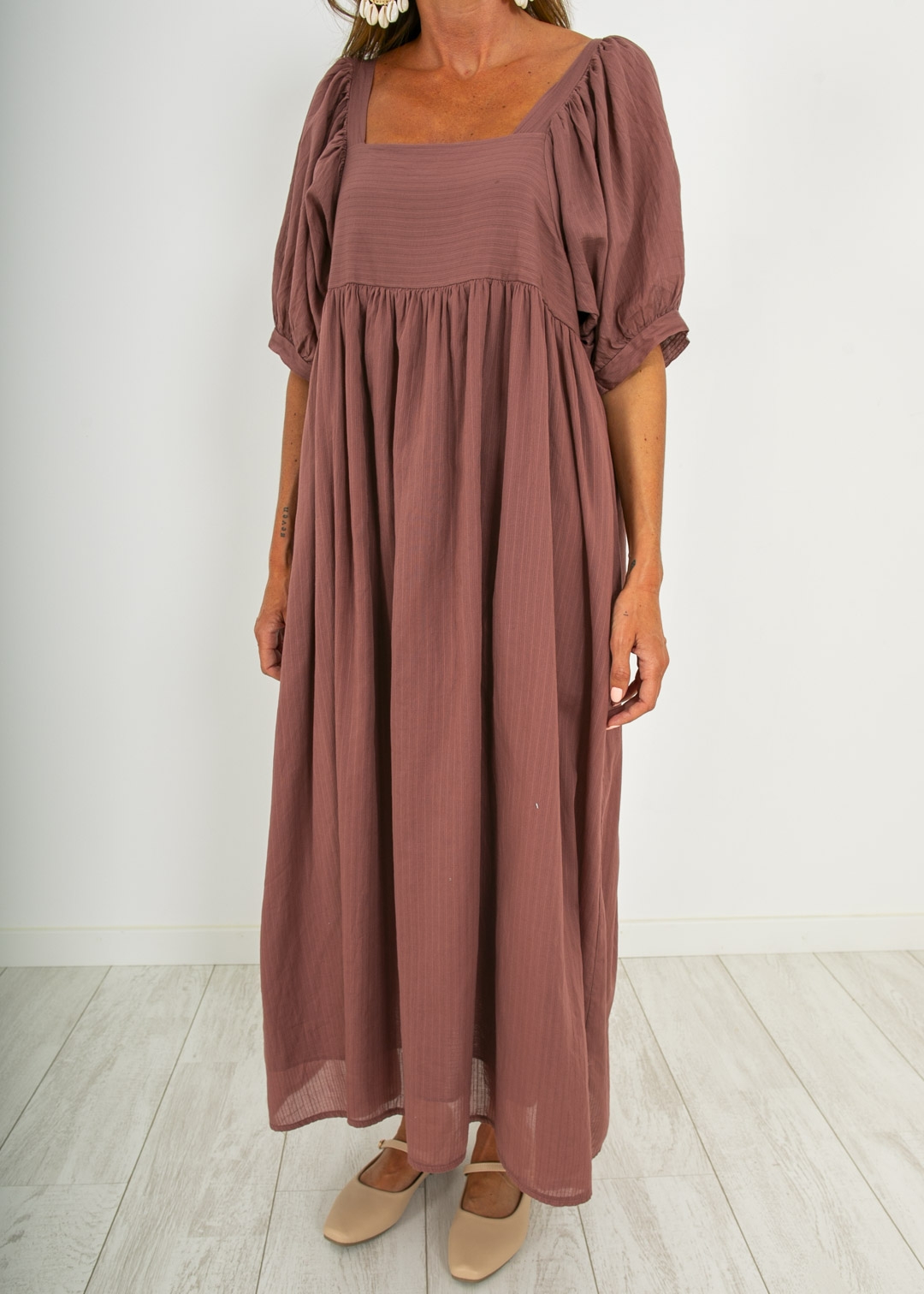LONG DRESS WITH SHORT PUFFED SLEEVES IN TILE
