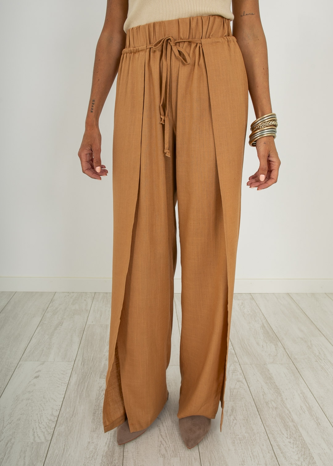 LINEN TROUSERS PAREO STYLE CAMEL