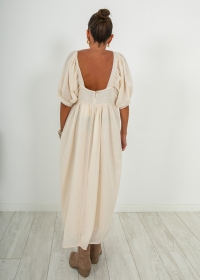 LONG DRESS WITH SHORT PUFFED SLEEVES IN BEIGE