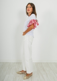 WHITE T-SHIRT WITH RED VICHY SLEEVES