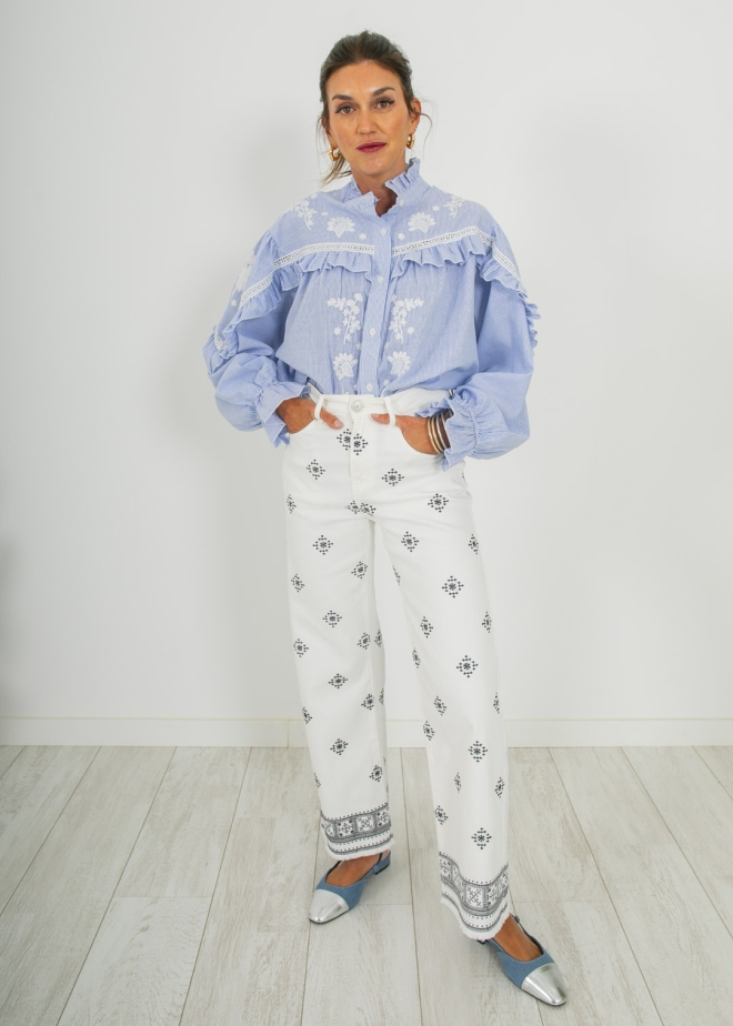 BLUE EMBROIDERED SHIRT RUFFLE