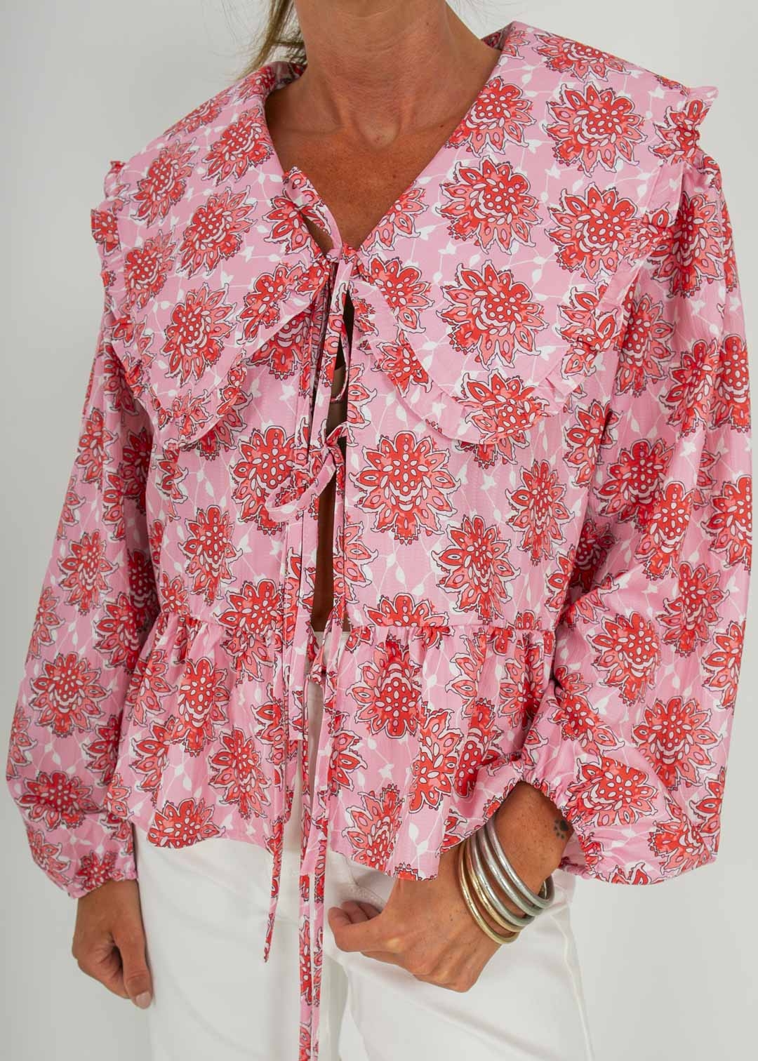 PINK PRINTED BOW BLOUSE