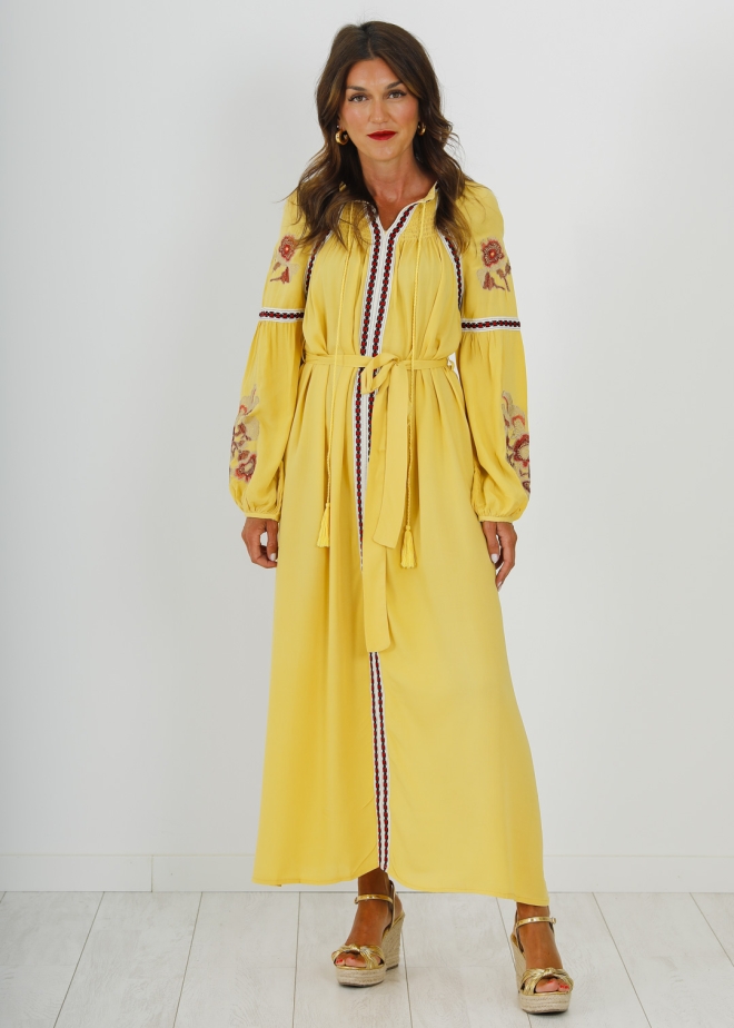MUSTARD EMBROIDERED LONG DRESS
