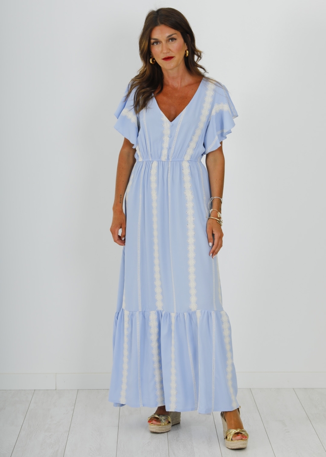 LONG BLUE DRESS WITH BEIGE EMBROIDERY