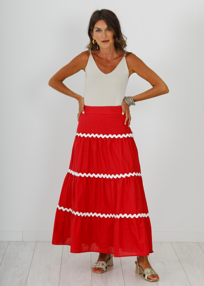 RED SKIRT WITH WHITE PIPING