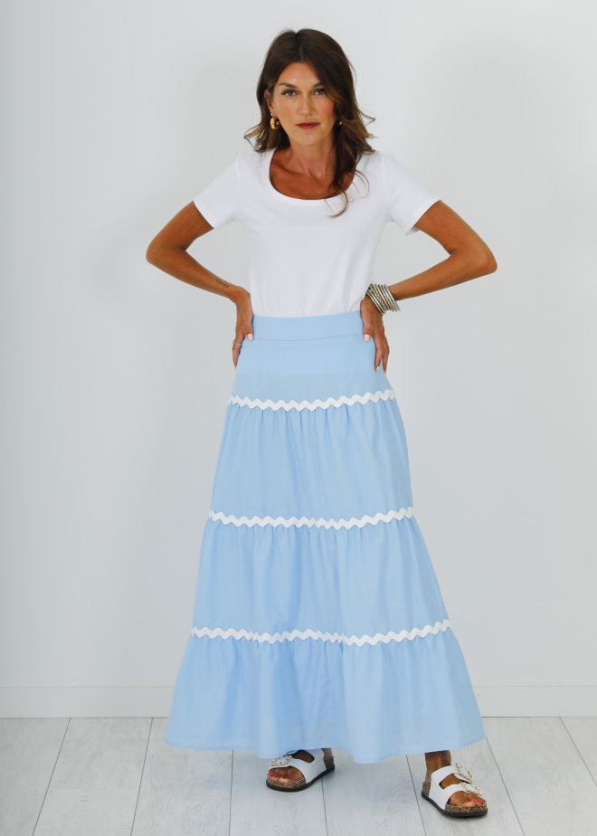BLUE SKIRT WITH WHITE PIPING