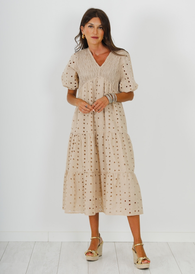 BEIGE ENGLISH EMBROIDERED HONEYCOMB DRESS