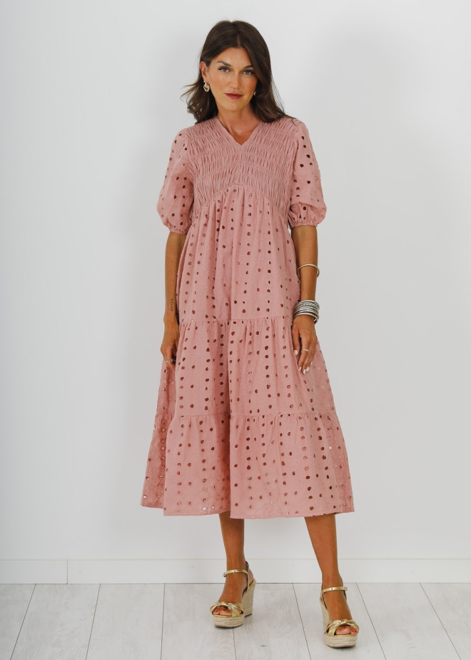 PINK ENGLISH EMBROIDERED HONEYCOMB DRESS