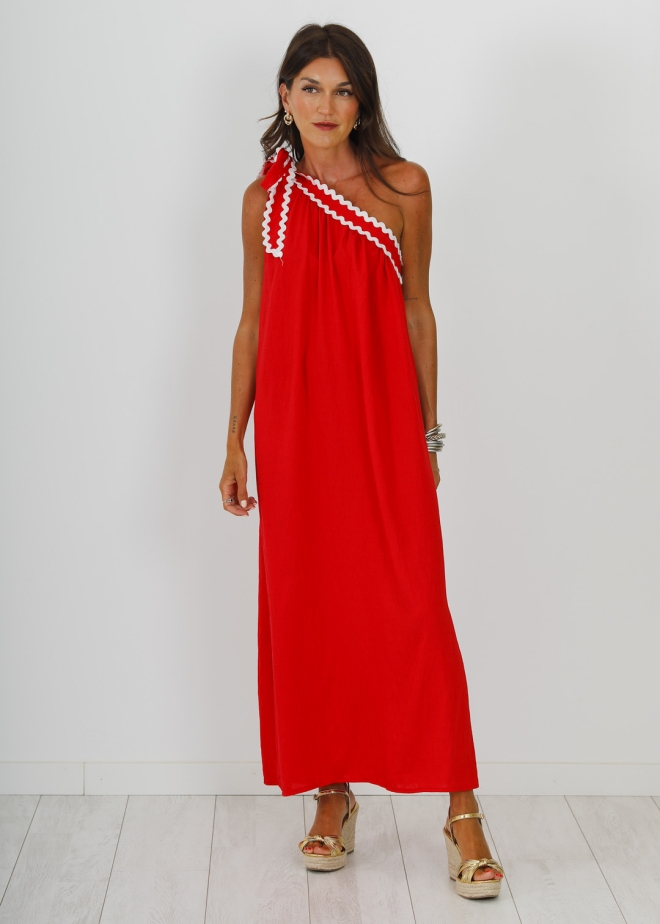 ASYMMETRIC RED DRESS WITH WHITE TRIM