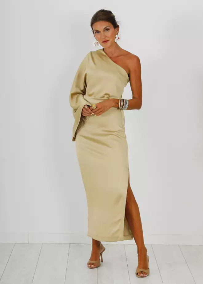 VESTIDO ASIMETRICO MIDI ORO