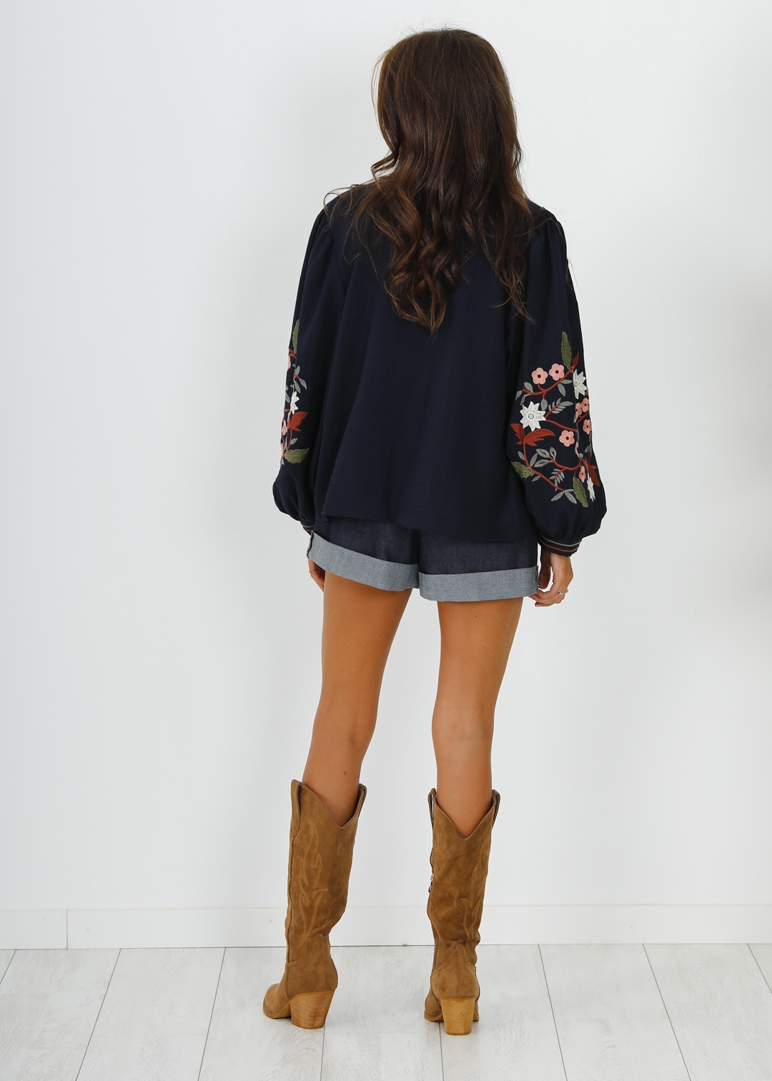 BLUE BOMBER JACKET WITH EMBROIDERED PUFFED SLEEVES