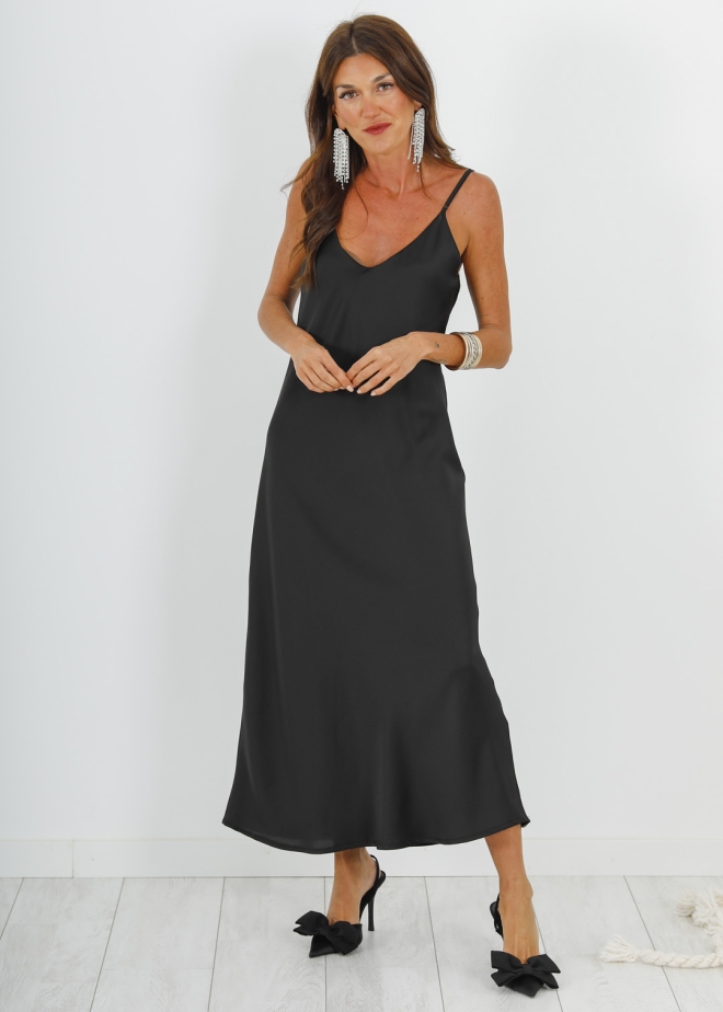 BLACK SATIN MIDI DRESS