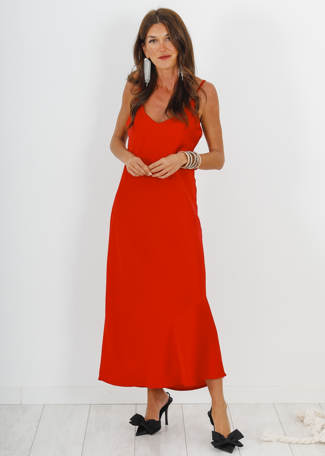 RED SATIN MIDI DRESS