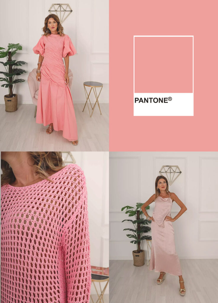 3 prendas de color rosa con un pantone rosa entre las que se encuentran un vestido largo drapeado, un vestido calado y un conjuntos de top y falda el top en pico de un rosa palo satinado. 