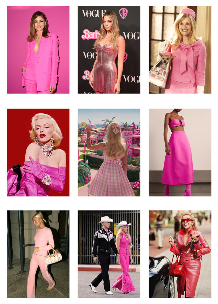 Tendencias: Old Money o Barbiecore. Looks en rosas de Zendaya x Dior, Margot Robbie en la premiere de Barbie, fotogramas de la peli Barbie y Una rubia muy legal y Los caballeros las prefieren rubias, streetstyle de Paris Hilton.