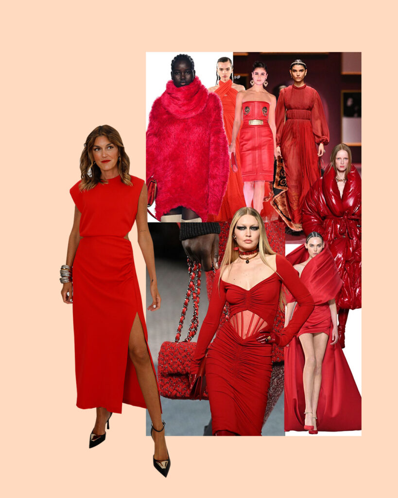 Tendencias otoño 2023: Vestido rojo TDS + (De izquierda a derecha) Isabel Marant, Giambattista Valli, Moschino, Dior, Versace, Chanel, Versace y Elie Saab. GETTY IMAGES desde Harpers Bazar
